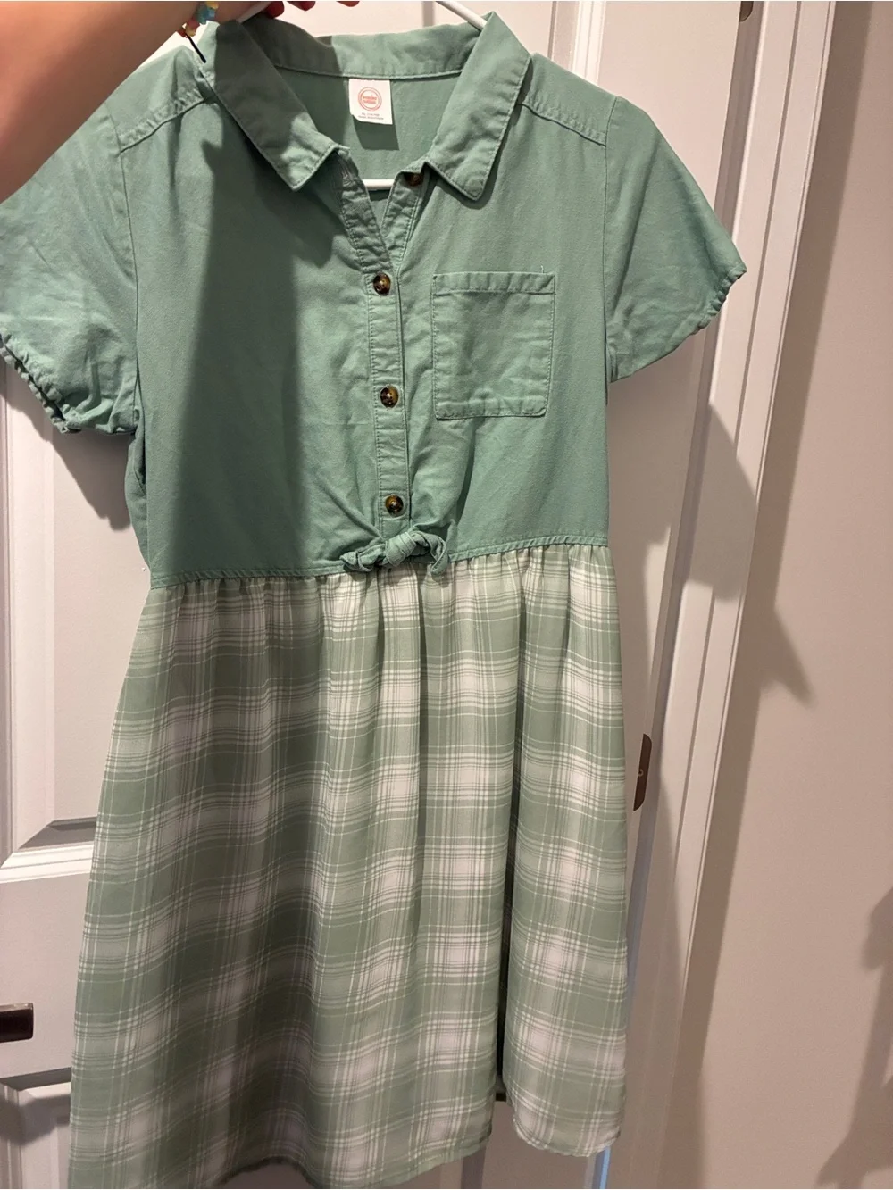 FREE‼️If Bundle Girls' Sage Green Tie-Front Plaid Dress